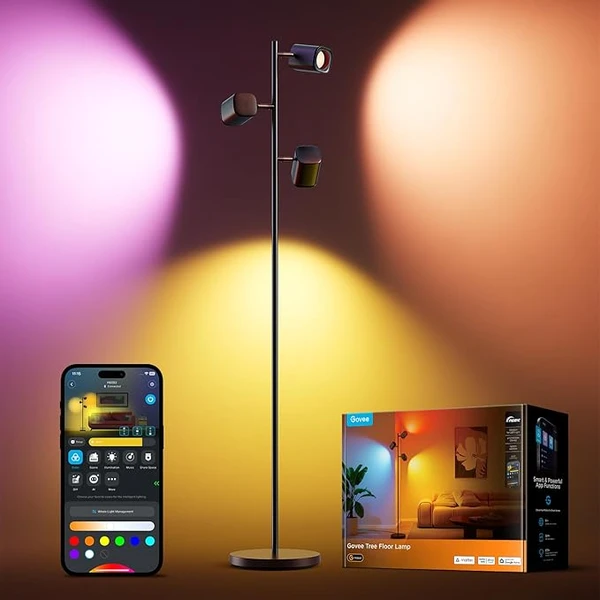 Govee Arbre Lampadaire sur Pied LED RGBWW, 3-Têtes Lampe d'Angle Réglable 1500lm, Compatible avec Matter Alexa, 64+ Scènes, Sync Musique, 157cm Noir Lampadaires pour Salon, Chambre, Salle de Lecture [Classe énergétique G]