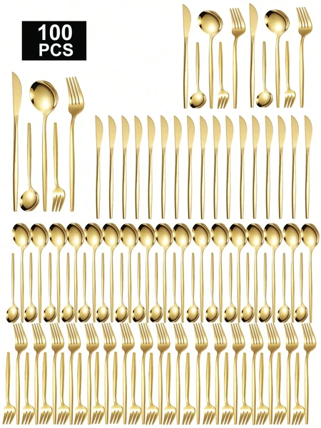 60 pièces/90 pièces/100 pièces Set de couverts en acier inoxydable plaqué or, couteau, fourchette, cuillère poli miroir, convient pour mariage, hôtel, restaurant, cuisine, fête, cadeau de Noël, fournitures scolaires