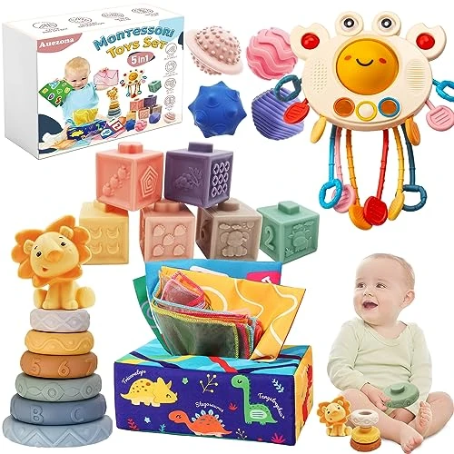 Jouet Bebe 6 mois,5 in 1 Jeux Montessori 1 2 3 an,Gobelets Empilables, Boite Mouchoir, Balles sensorielles, Jouet Montessori Eveil 6-12 mois, Jeux Éducatif Fille Garçon 6 9 12 Mois,Cadeau Bébé