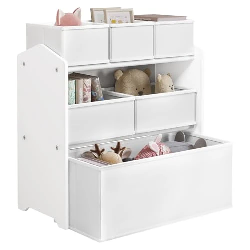 Lestarain Meuble de Rangement pour Chambre d’Enfant à 3 Étages avec 6 Boîtes Amovibles, Étagère Blanche en MDF avec Coffres à Jouets en Non-Tissés pour Garderie, École, Blanc,63x30x60cm