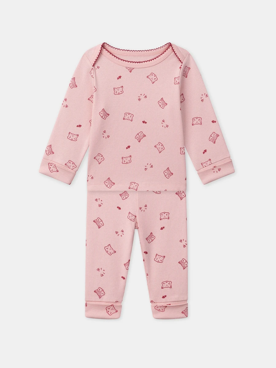 Pyjama rose imprimé têtes de chats et cœurs Bébé Fille