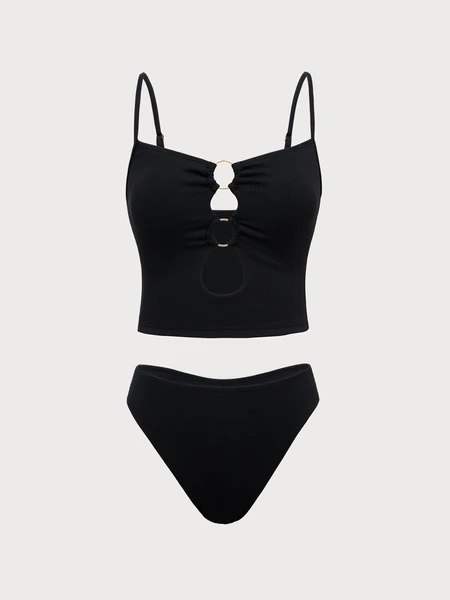 Black Ring Hollow Tankini Swimsuit