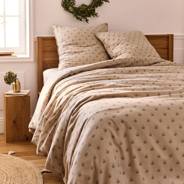 ESTELLO - Housse de couette 240x220cm et 2 taies d'oreiller 63x63cm motif floral en coton cretonne - beige