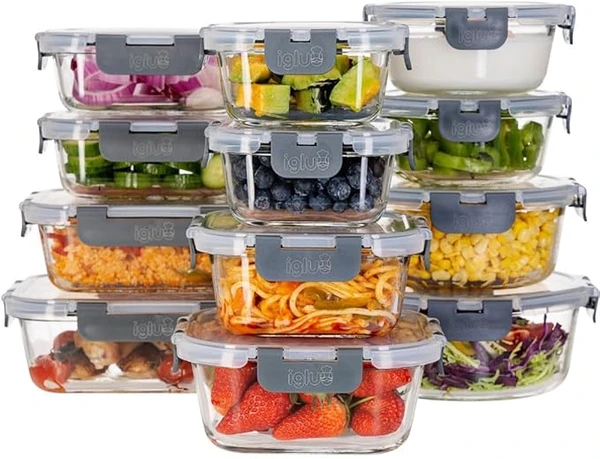 Igluu Meal Prep Boîtes Repas en Verre (Lot de 10) – Couvercle hermétique et sans BPA – Compatibles micro-ondes, four, congélateur et lave-vaisselle – 370 ml et 1050 ml - Verre Borosilicate