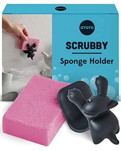 OTOTO Porte-éponge à récurer pour évier de Cuisine – Porte-éponge de Cuisine Chat Gris – Passe au Lave-Vaisselle – Antirouille – 9,9 x 7,9 x 9,9 cm