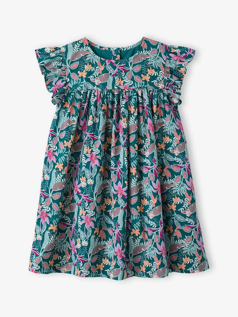 Robe fille imprimée fille manches à volants vert émeraude - Vertbaudet