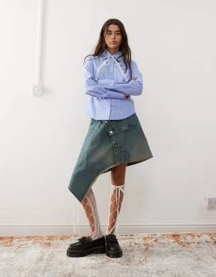 Reclaimed Vintage - Chemise ajustée à rayures avec liens en dentelle - Bleu | ASOS