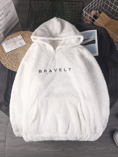 Homme Sweat-shirt à capuche à broderie à poche kangourou en tissu duveteux
