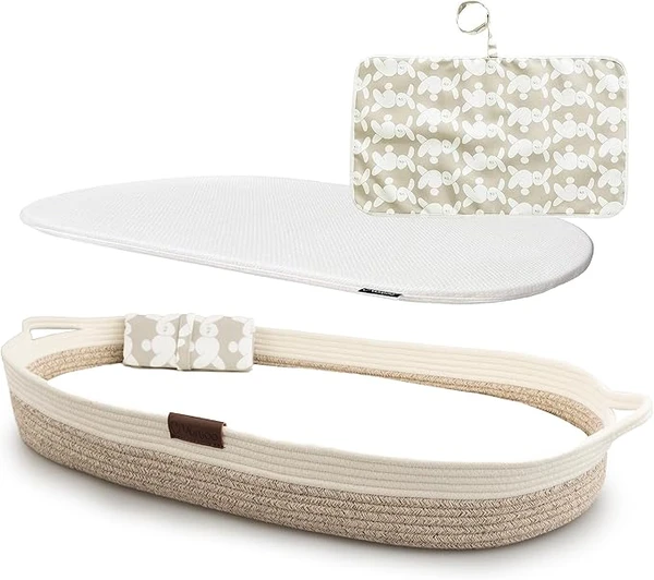 Yunioo matelas à langer, panier à langer avec coussin de voyage supplémentaire, matelas à langer en mousse et housse hydrofuge, panier en corde de coton, dessus de table à langer │Blanc-Beige