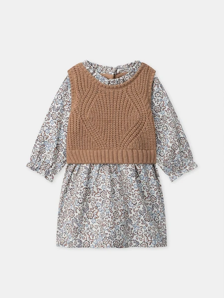 Robe bi-matière imprimé fleuri et pull marron sans manches Bébé Fille
