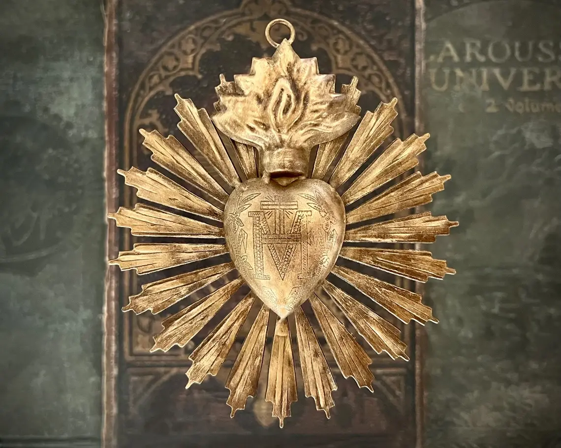 Sacré-Cœur, Coeur Milagro, Petite Flamme Sunburst Coeur d’Or, Coeur Catholique, Mur Suspendu