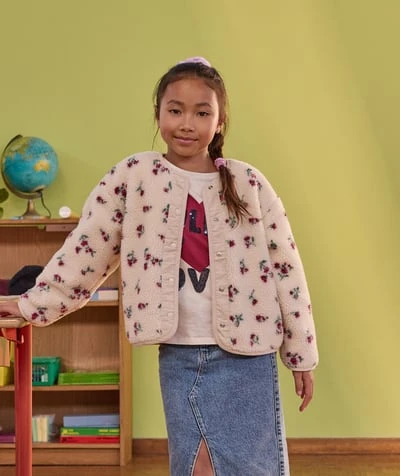 Veste sherpa fille écru imprimé fleuri