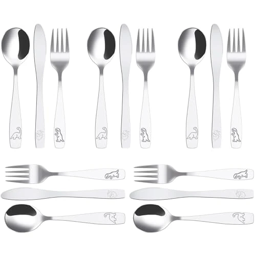 15Pcs Couverts Enfant Inox 5 x Fourchette 5 x Cuillère 5 x Couteau Dentelé Sûr Couverts Enfant Inox Jungle Dinosaure Gravé Couvert Bebe Inox Pour Enfant Maison Restaurant École Garderie