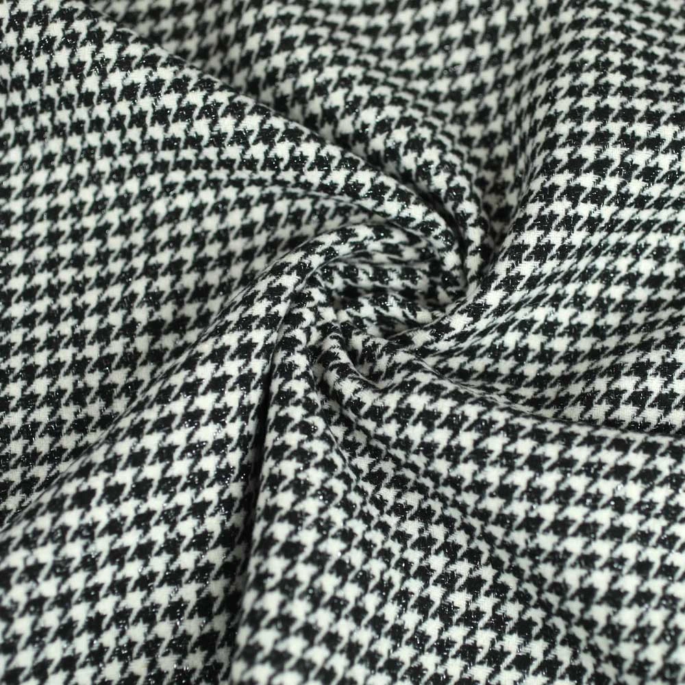 Tissu Lainage à motif pied de poule noir, blanc et fil lurex argenté | Pour couture de manteau et veste en laine chaud