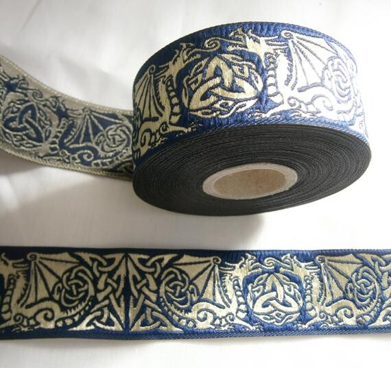 Trim in dark blue with golden Dragon, Jacquard Lace, Celtic Trim for Medieval and Renaissance, French Hood