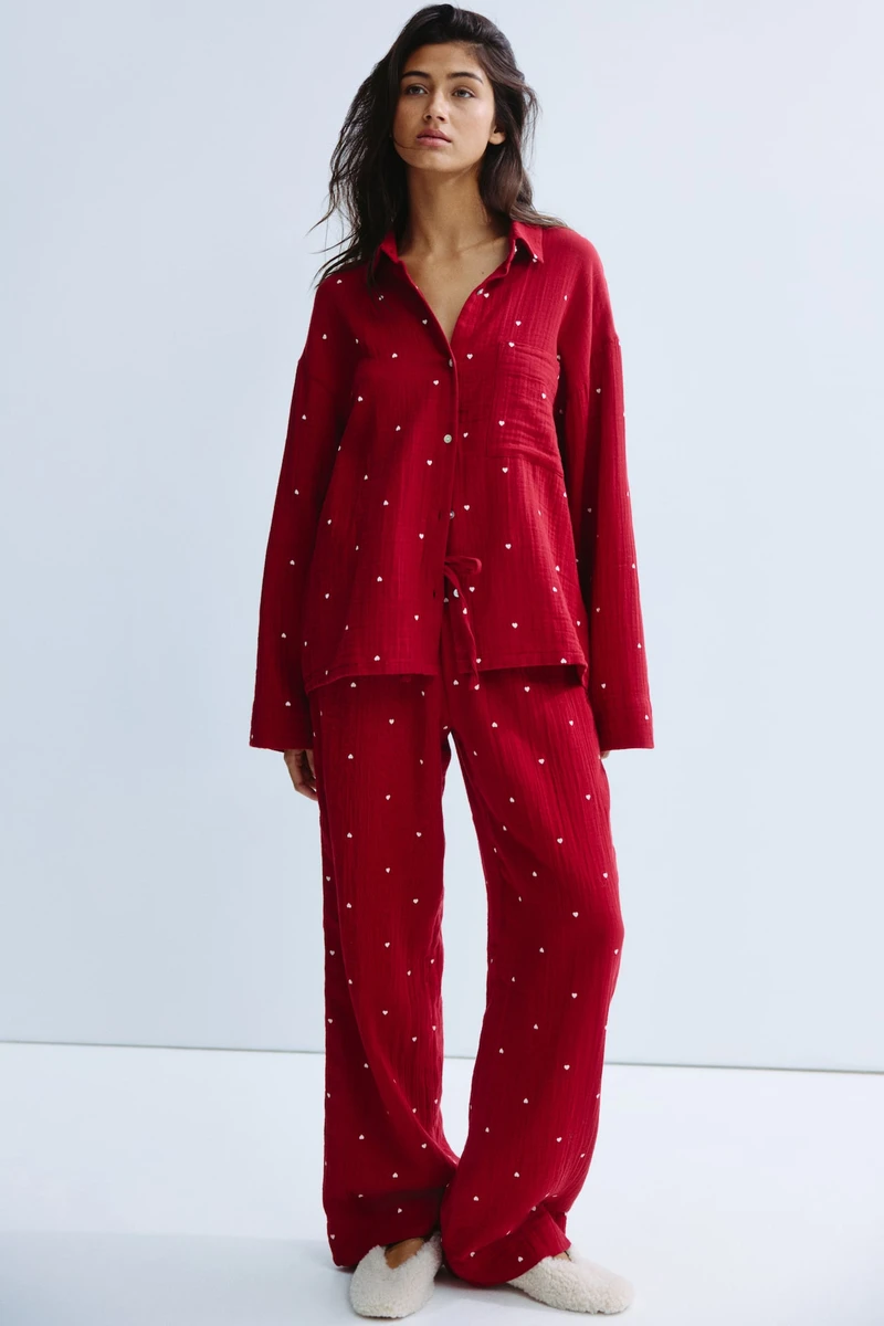 Pyjama en mousseline de coton - Rouge foncé/cœurs - FEMME | H&M FR