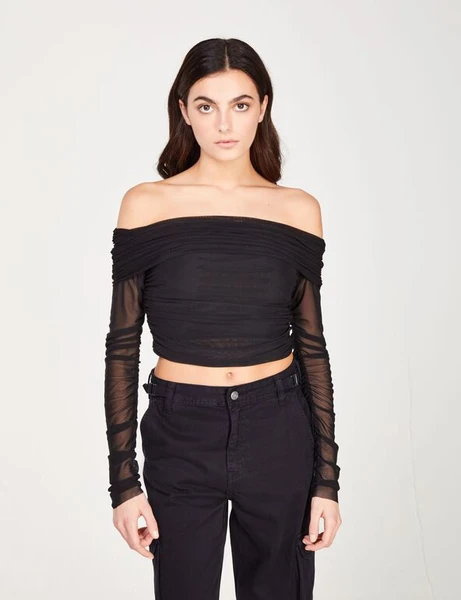 T-shirt à fronces en tulle noir