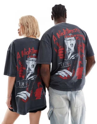 ASOS DESIGN - Halloween - T-shirt unisexe oversize avec imprimés « Les Griffes de la Nuit » - Noir délavé