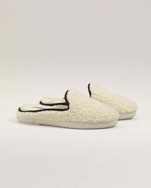 Mule femme bouclette de laine, blanc noir