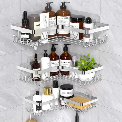 Kegii Etagere Douche Sans Percage - Argent Rangement Douche Angle Étagère Salle de Bain Inox Porte Gel Douche Salle de Bain Porte Shampoing Douche Support Shampoing Douche(3 niveaux)