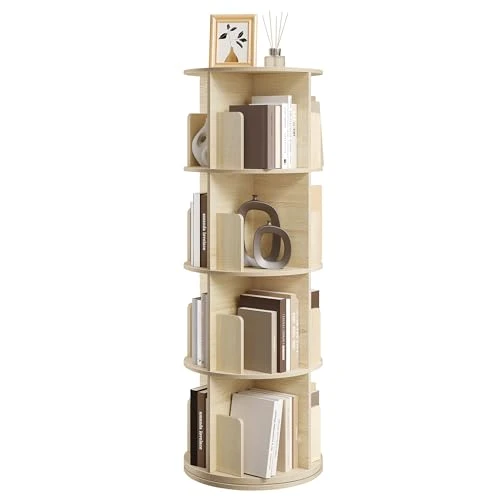 EUGAD Bibliothèque Rotative, Bibliothèque Étagère Rangement, Étagère Livre à 4 Niveaux, 16 Compartiments, pour Salon, Bureau, Chambre d'enfant, en Bois d’Ingénierie,Chêne Clair