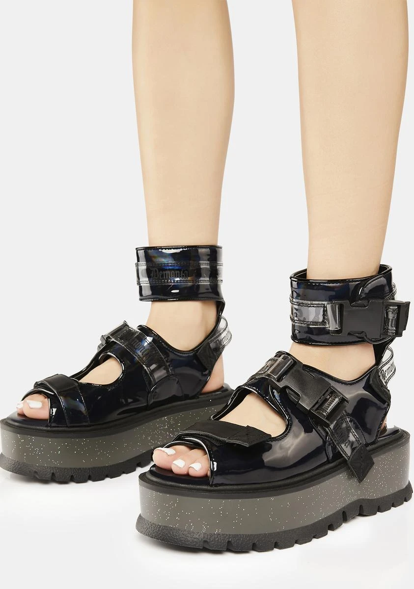 Demonia Holographic Ankle Strap Platform Sandals - Black