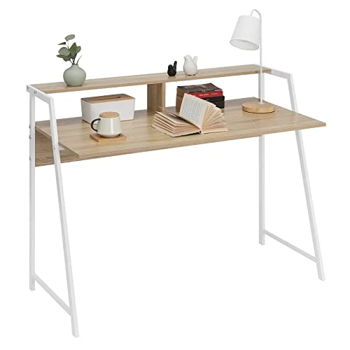 WOLTU Bureau d'ordinateur avec étagère, Table de Bureau en Acier et Bois, Table de Travail, PC Table d'ordinateur Portable, 112x56x90cm (LxPxH), Chêne