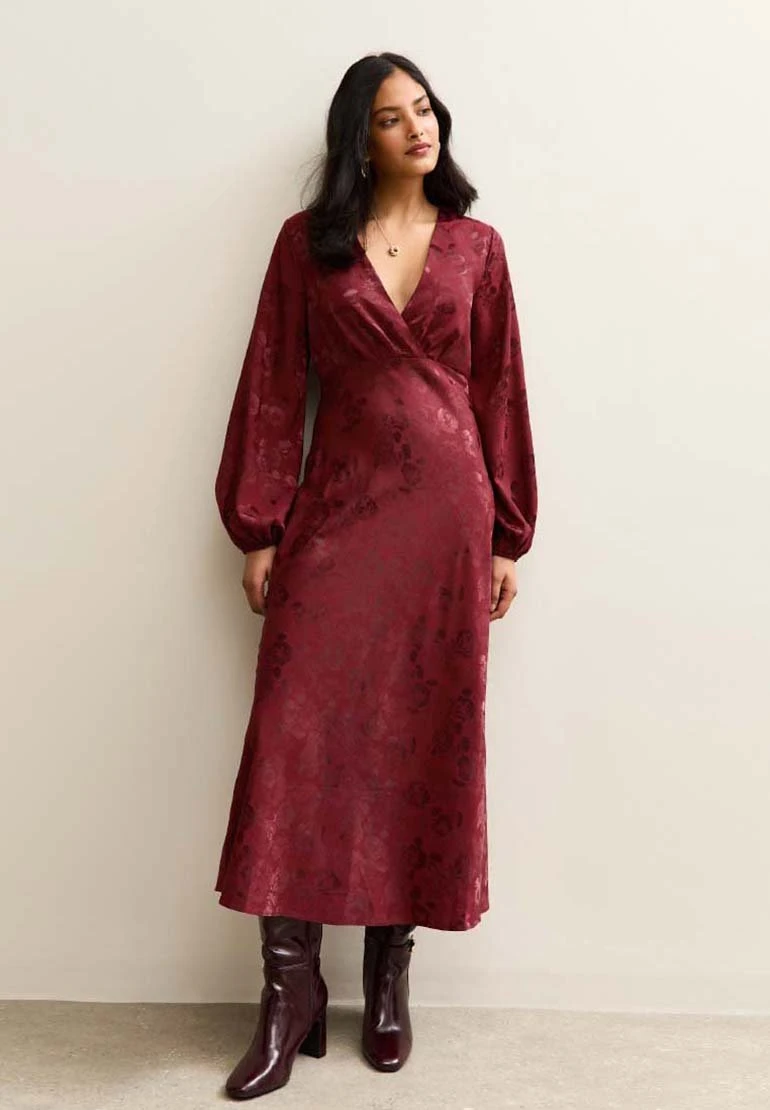 FLORAL LONG SLEEVE MIDI - Robe de jour - burgundy