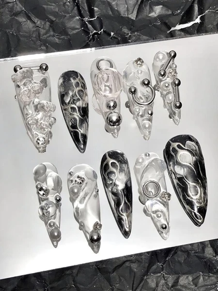 silver chrome y2k aespa nails / hand painted nail /custom press on nails/ hand made Press on Nails/Faux Acrylic Nails/ y2k Nail