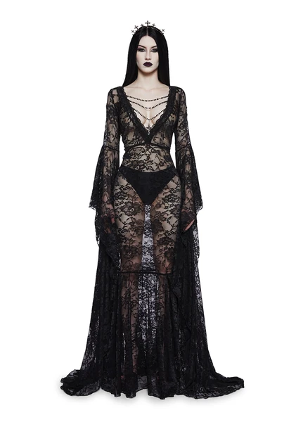 Widow Lace Mega Flare Sleeve Maxi Dress - Black