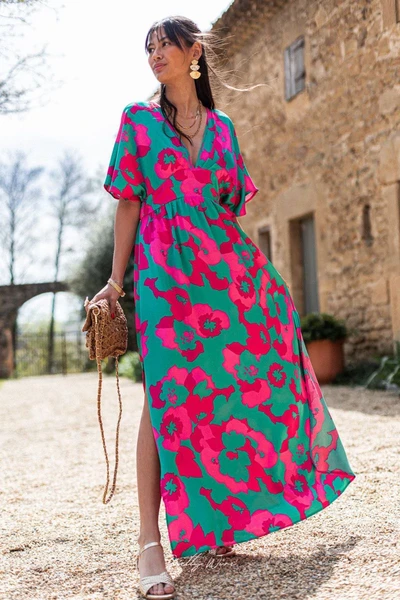 Robe longue verte manches courtes