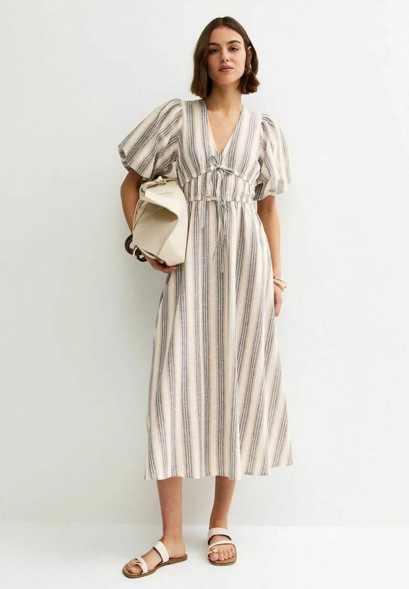 New Look STRIPE PUFF SLEEVE MIDI - Robe de jour - off white/écru - ZALANDO.FR