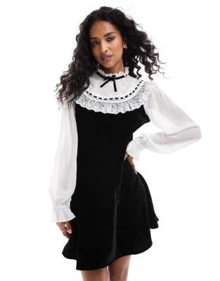 Miss Selfridge - Robe courte brodée en mousseline et velours - Noir et blanc | ASOS
