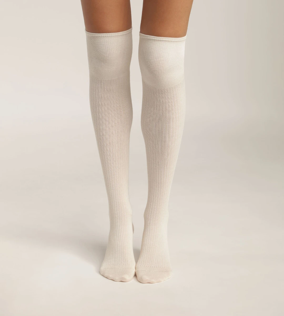 Chaussettes maxi hautes pour femme en coton côtelé Crème Dim