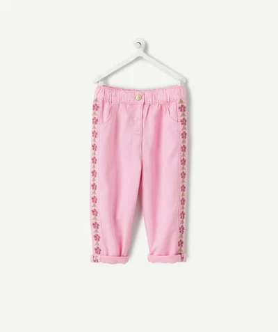 Pantalon droit bébé fille rose broderies florales