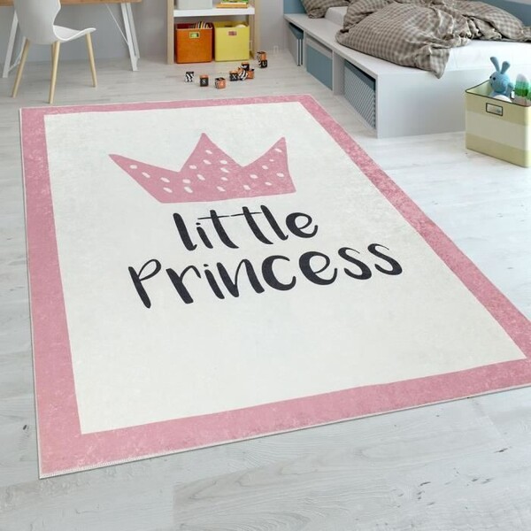 Tapis Enfant Chambre Enfant Filles Tapis Bébé Lavable Princesse Inscription Rose [120x160 cm]