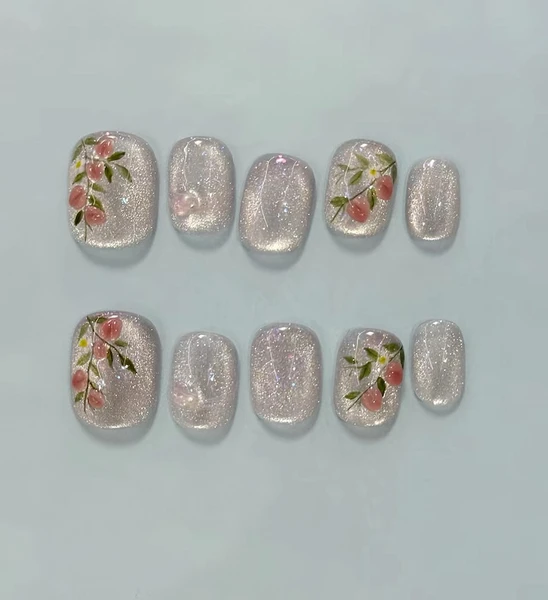 Ongles à presser oeil de chat pêche : faux ongles en gel acrylique peints à la main