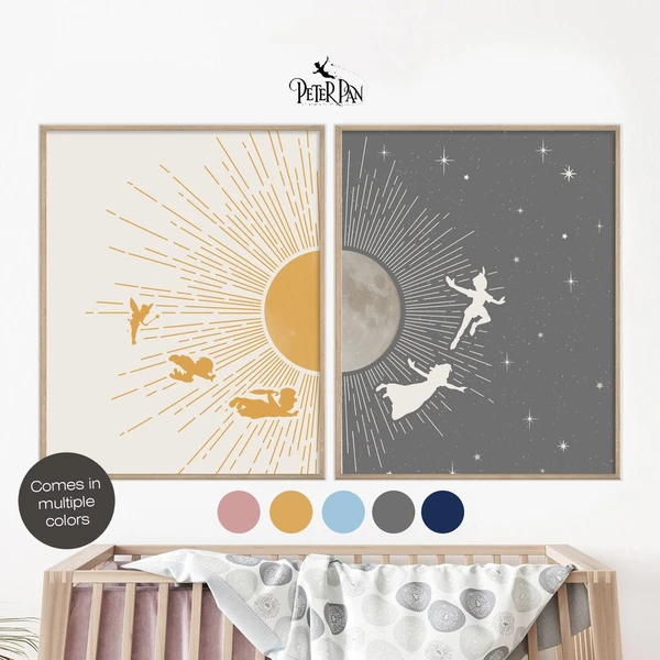 Peter Pan Sun Moon Stars Boho Wall Art Print Set of 2, Celestial Posters, Minimalist Never Grow Up, Art print, Nursery Prints, Boho Nursery