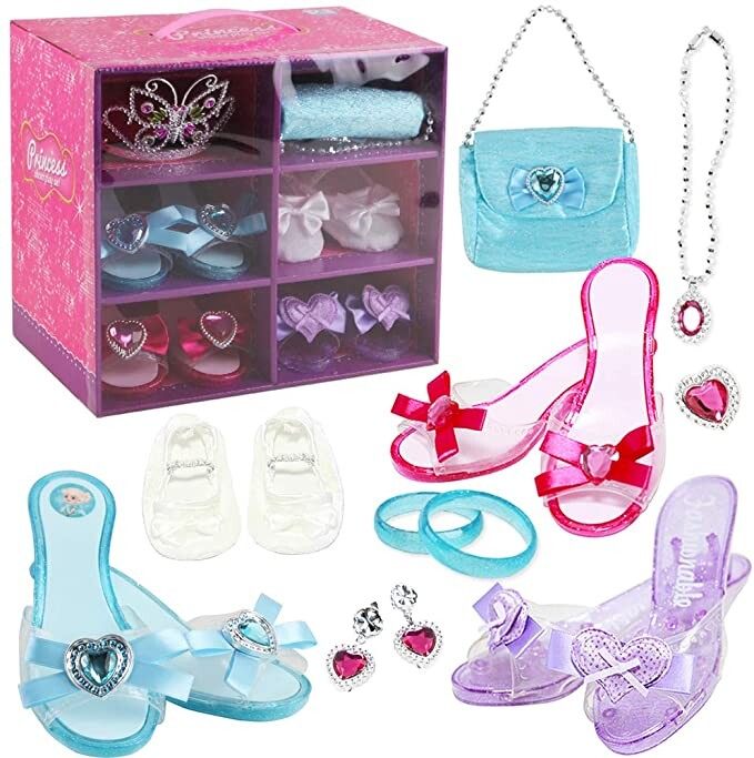 deAO Boutique De Princesse avec 4 Paires De Chaussures Et des Bijoux des Bracelets, Boucles D’Oreilles Et Une Couronne avec Un Diadème Intégré : Amazon.fr: Jeux et Jouets