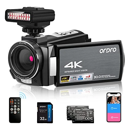 ORDRO AE8 Caméra vidéo 4K 1080p 60 fps infrarouge Caméra de chasse aux fantômes avec veilleuse infrarouge pour Vlog YouTube