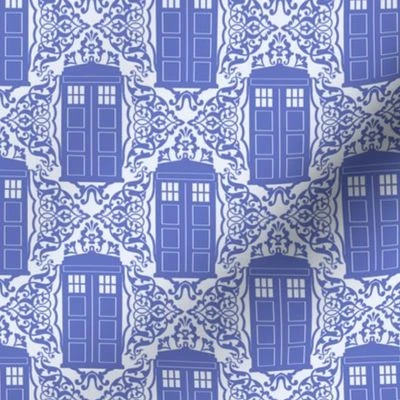 Damask Police Box - Blue on Blue Fabric | Spoonflower