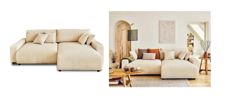 Canapé d'angle réversible convertible 4 places en velours côtelé beige Pivoine | Maisons du Monde