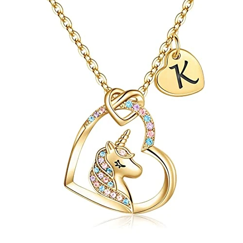 TINGN Collier Licorne en Or 14K Plaqué pour Fille - Chaîne K avec Pendentif Cœur - Cadeau d'Anniversaire pour Femmes et Filles
