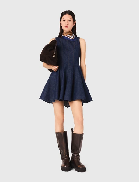 Robe Courte En Denim Avec Volants - Bleu Marine - Maje