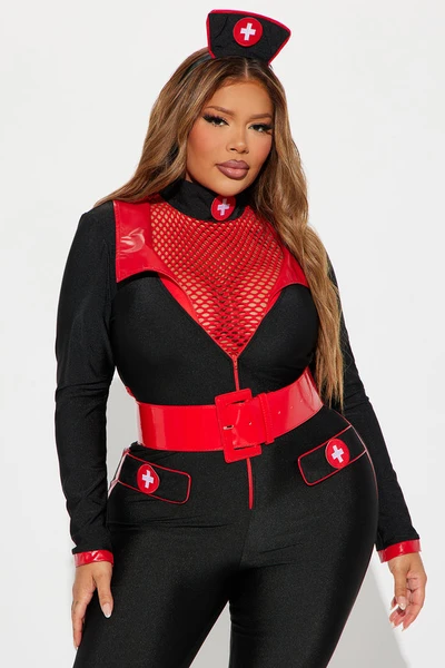 Time For Your Check Up Nurse Jumpsuit 3 Piece Costume Set - Black/Red