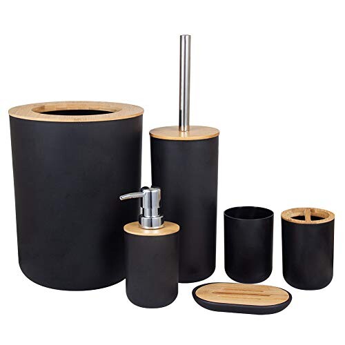 Accessoires salle bain Set Porte-brosse à dents Bambou Comptoir en bois Autoportant Distributeur savon Tasse cuisine Brosse toilette Salon Poubelle Économie d'espace Douche Maison Hôtel Plat(Noir)
