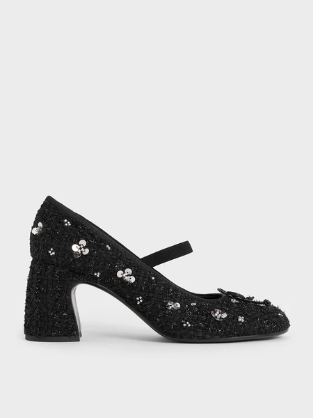 — charles & keith, black tweed sequin mary jane