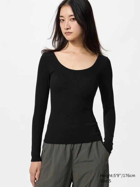 T-shirt côtelé soutien-gorge intégré HEATTECH Extra Chaud (Col danseuse, Manches longues) pour Femme | UNIQLO FR