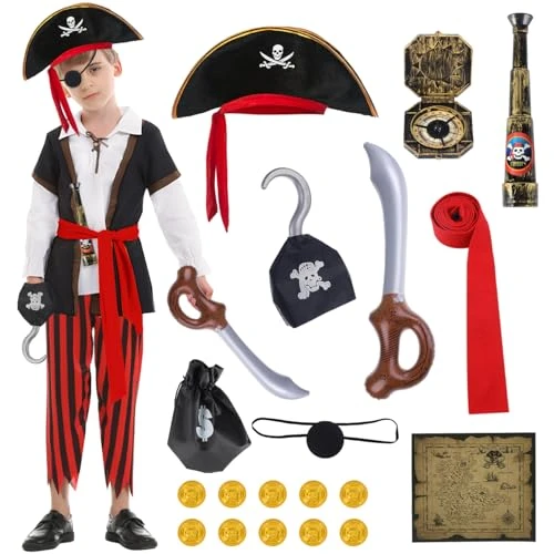 TOSZOLY Deguisement Pirate Enfant, Costume Pirate avec Chapeau Accessoires de Pirates, Cadeau pour les Enfants, Déguisement Pirates Garcon pour Carnaval Halloween Cosplay Fête (M (5-6 Ans))