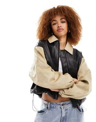 Lioness - Bomber en imitation cuir à détail contrastant - Noir et camel | ASOS